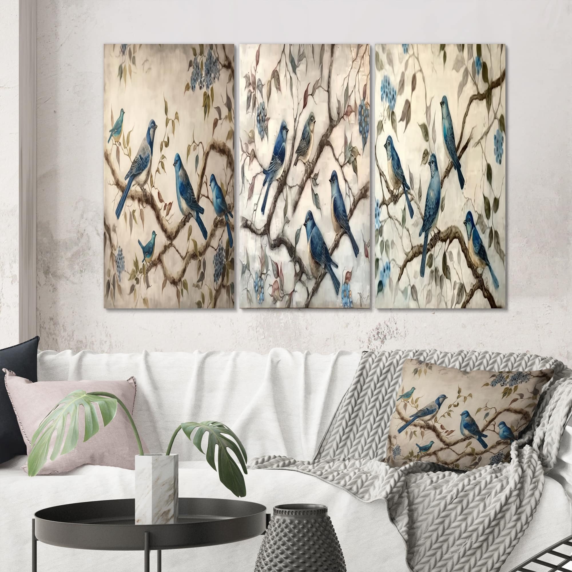 Designart "Four Vintage Blue Birds On A Branch I" Animals Bird Wall